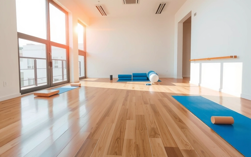 Bright and spacious yoga studio with wooden floors and large windows
