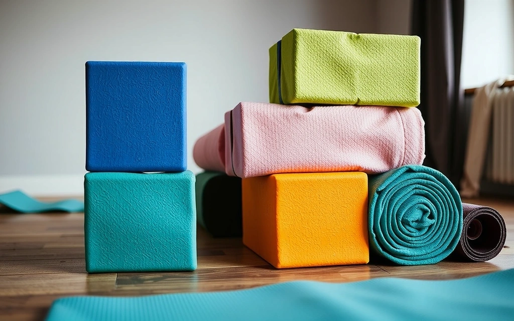 Close-up of yoga props like blocks, straps, and blankets neatly stacked