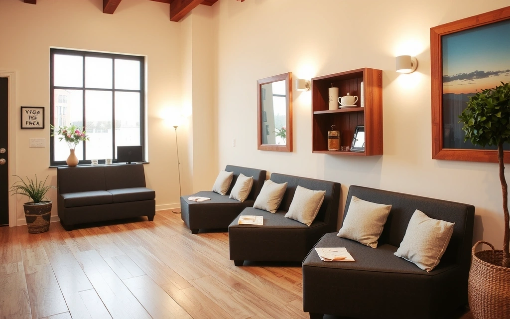 Comfortable seating area for relaxation before or after class