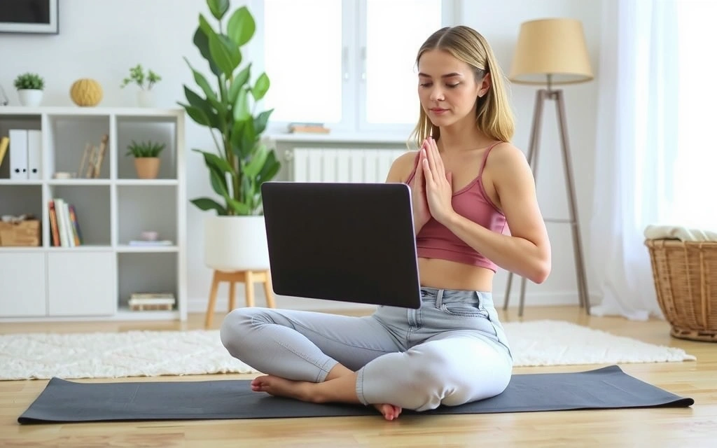 Woman practicing online yoga with a laptop