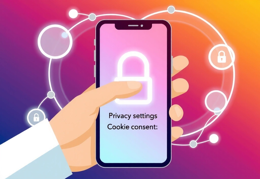 Illustration of a person adjusting privacy settings on a large, glowing smartphone screen, with abstract data flowing in the background