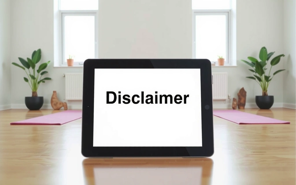 Disclaimer text on a digital tablet with a blurred background of yoga studio
