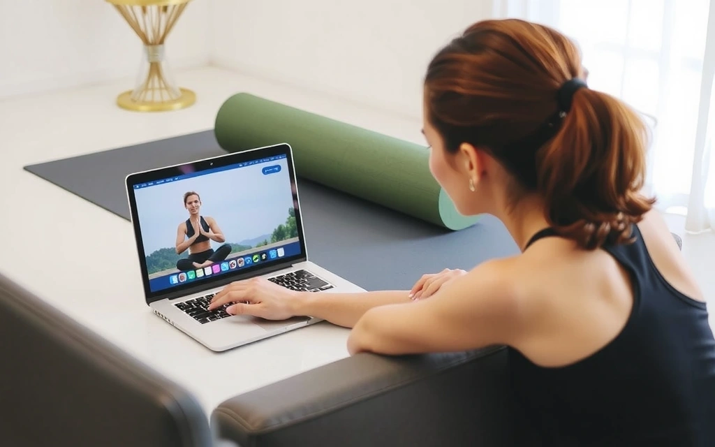 Person using a laptop with yoga mat nearby, representing online service use