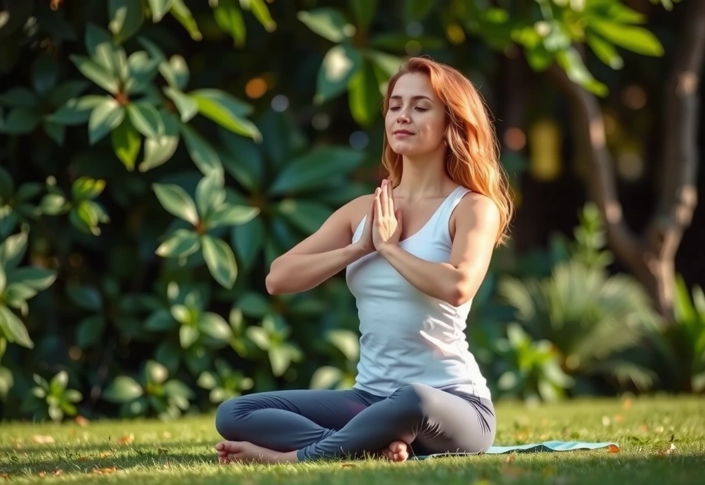 Woman meditating in a serene outdoor setting, surrounded by lush greenery and soft sunlight.
