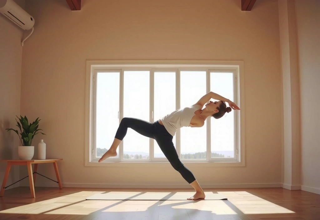 Yoga practitioner performing a gentle stretching pose in a sunlit studio.